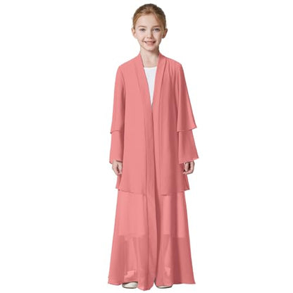 Kids Abaya Dress for Girls Muslim Dress with Hijab Chiffon Layered Open Front Cardigan Ramadan Eid Kaftans Dubai Outfit - color: Pink, size: 9-10 Years
