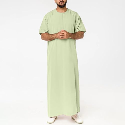 Muslim Thobe for Men Islamic Robe Kaftan Long Sleeve Jubba Arabic Gown Cotton Linen Loose Fit Ramadan A20 - color: Green, size: Medium