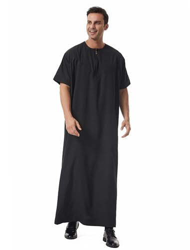 Muslim Men Abaya Short Sleeve Kaftan Islamic Arab Robe Men Dishdasha Zipper Robe Ethnic Clothes Dubai Travel Thobe - color: Black, size: X-Large