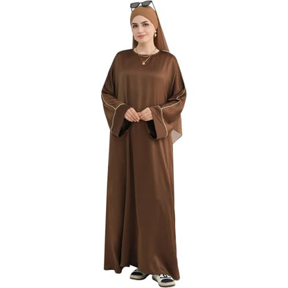Muslim Praying Dress for Women Silk Glossy Back Zipper Robe Wear Gold Trim Modest Abaya Dress with Hijab - color: Coffee, size: Small