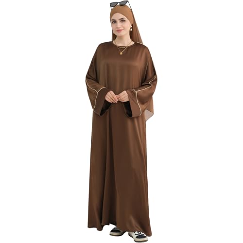 Muslim Praying Dress for Women Silk Glossy Back Zipper Robe Wear Gold Trim Modest Abaya Dress with Hijab - color: Coffee, size: Medium