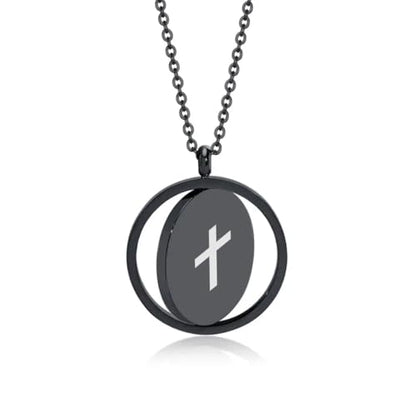Religious Christian Cross/Freemasonry/Mountain Forest Jewelry 25mm Stainless Steel Round ID Tag Spinner Pendant Necklaces,Hiking Camping Lover Gift - style: Black-Christian Cross Symbol