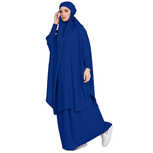 Women Muslim 2 Set Solid Color Plus Long Sleeve Thobe One-size Longuette Overall Abaya Thobe with Hoodied Hijab - color: Loyal Blue