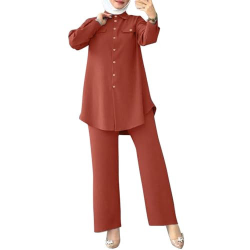 ODIZLI Muslim Long Sleeve Blouse Wide Leg Pants Suits Autumn Solid Abaya Women Matching Sets 2PCS Tracksuits Turkey Kaftan - color: Brick Red- Button Down Shirt, size: Small