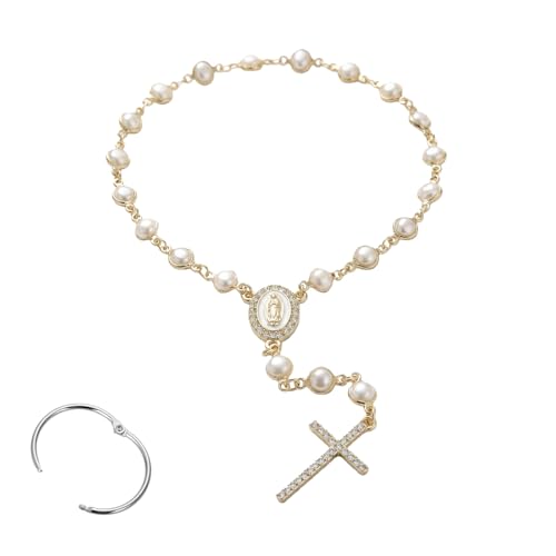 Car Interior Decors Rearview Mirror Cross Hanging Accessories, Evil Eye Rearview Beads Car Medal and Cross Hanging Accessories for Mirror Interior Decors for Women Men (Pearl Gold) - size: Pearl Gold