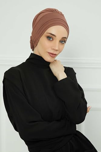 Aisha's Design Instant Turban Head Wraps for Women, Combed Cotton Scarf Lightweight Pre tied Hijab with Back Rose Detail - color: Caramel Brown