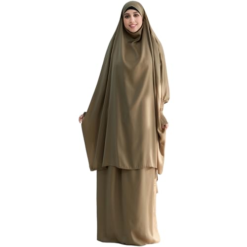 Muslim Women Abaya Two Pieces Set Prayer Dress Elasticated Sleeves Islamic Robe Modest Full Cover Prayer Clothes - color: Taro