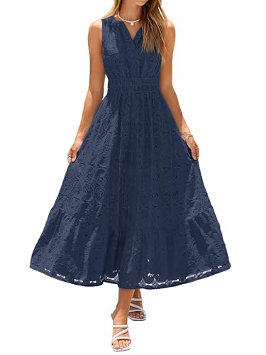 Simplee Women Summer Sleeveless Eyelet Maxi Dress 2026 Lace Casual V Neck A Line Boho Flowy Beach Wedding Guest Long Dresses - color: Navy Blue, size: Small