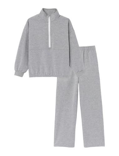 PATPAT Girls Sweatsuit 2 Piece Outfit Half Zip Sweatshirt Wide Leg Pants - color: Grey, size: 11-12 Years
