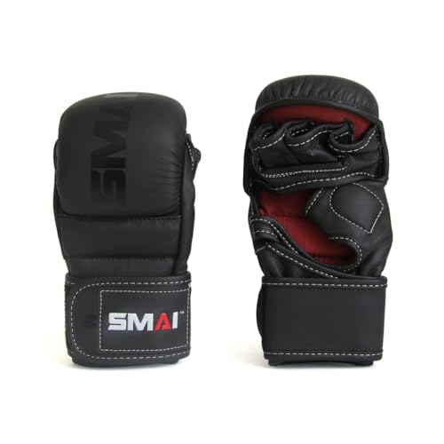 SMAI Leather Hybrid MMA Sparring Gloves: Premium Leather for Kickboxing, Cage Fight, Striking, Grappling, Martial Arts, and Heavy Bag Training. Open-Palm Design for Men and Women. - size: Small