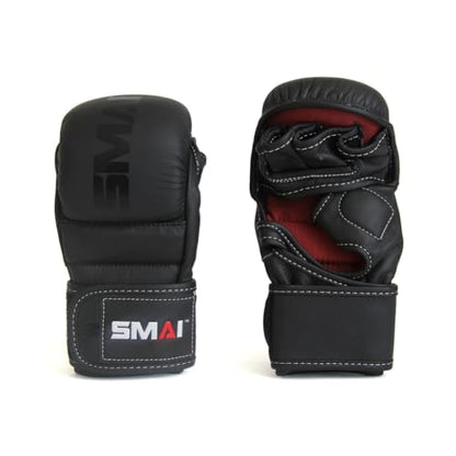 SMAI Leather Hybrid MMA Sparring Gloves: Premium Leather for Kickboxing, Cage Fight, Striking, Grappling, Martial Arts, and Heavy Bag Training. Open-Palm Design for Men and Women. - size: Small
