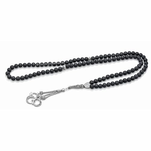 Amazing Gemstone Lava Stone Tasbeeh with Moon and Star Charm - Certified Crystal Muslim Prayer Beads Natural Gemstone Tasbih Gift for Ramadan Dhikr and Daily Namaz (S) - color: Lava Stone