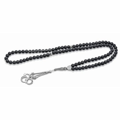 Amazing Gemstone Lava Stone Tasbeeh with Moon and Star Charm - Certified Crystal Muslim Prayer Beads Natural Gemstone Tasbih Gift for Ramadan Dhikr and Daily Namaz (S) - color: Lava Stone
