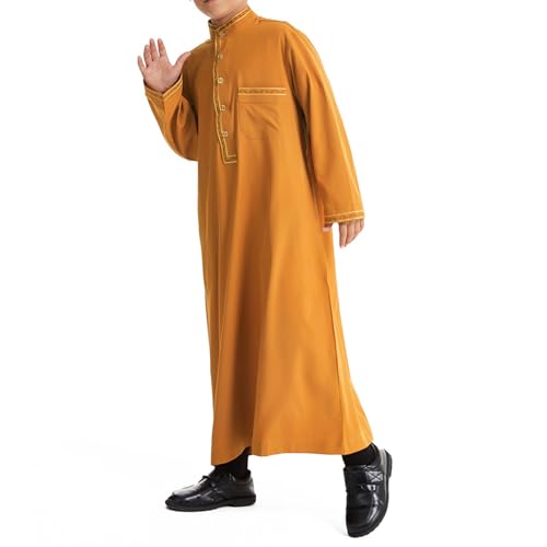 Muslim Thobe for Boys Islamic Thobe Long Sleeve Kaftan Stand Collar Button 𝐑obe Kids Ramadan Eid Outfit Prayer Clothes - color: Yellow, size: 5-6X