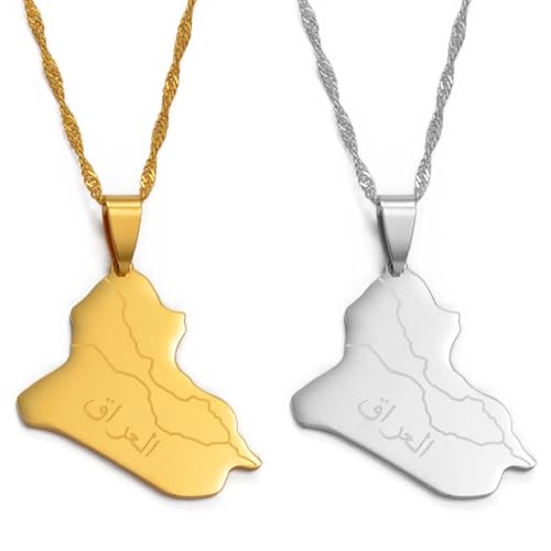 Iraq Map Flag Pendant Necklace for Women and Men – Stainless Steel Allah Name Iraq Map Pendant Necklaces - Meaningful Iraq Jewelry Gift - color: Gold 2