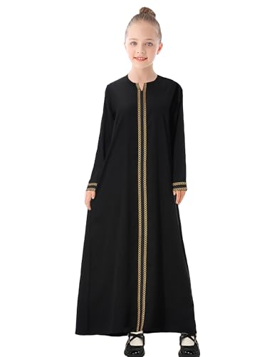 WSPLYSPJY Kids Girls Gold Embroidered Muslim Dress Abaya Long Sleeve Eid Robe Prayer Clothes - color: Black, size: 13-14 Years