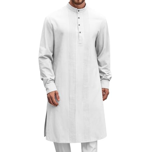 Men’s Thobe Muslim Islamic Robe Kaftan Long Sleeve Arabic Jubba Side Split Henley Neck Cotton Dress A17 - color: White, size: XX-Large