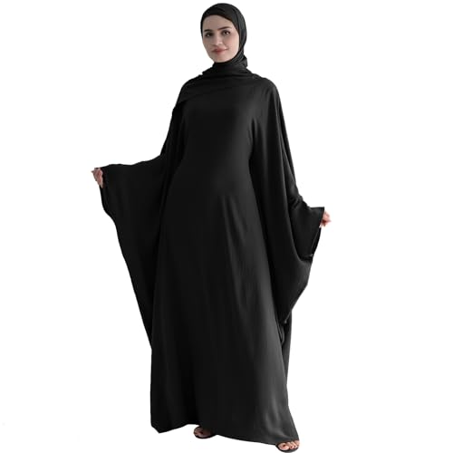 ODIZLI Abayas For Women Muslim Dubai Full Cover Kaftan Shirt Dress Batwing Sleeve Prayer Dress With Hijab - color: Black + Hijab, size: One Size