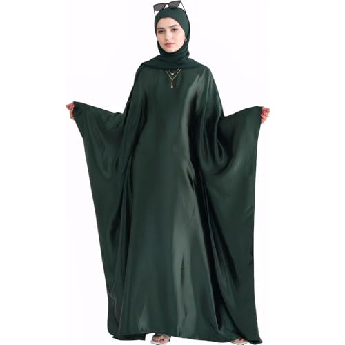 Muslim Dress Women Abaya Elegant Satin Prayer Dress Batwing Long Sleeve with Hijab Arab Islamic Dubai Ramadan Robe - color: Darkgreen