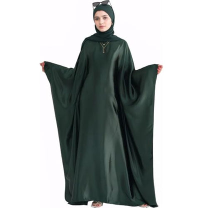 Muslim Dress Women Abaya Elegant Satin Prayer Dress Batwing Long Sleeve with Hijab Arab Islamic Dubai Ramadan Robe - color: Darkgreen