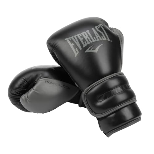 Everlast Powerlock 2 Hook & Loop Boxing Gloves | Fight Training Gloves | Hook and Loop with Durable Hand & Wrist Support | Heavy Bag & Fitness Training - color: Black / Gray, size: 14 oz