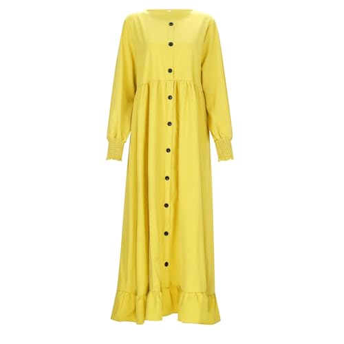 Abaya Ladies Muslim Dress Long Sleeve Maxi Islamic Kaftan Dubai Robe Modest Ramadan Eid Belted Solid Color A9 - color: Yellow, size: X-Large