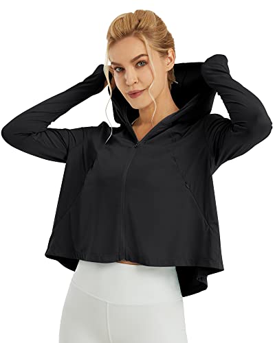 G4Free Skimetic Womens UPF 50+ Sun Hoodie Shirts - Quick Dry Running Jacket Long Sleeve Rash Guard Zip Pocket Hiking Athlete - color: Black, size: X-Large