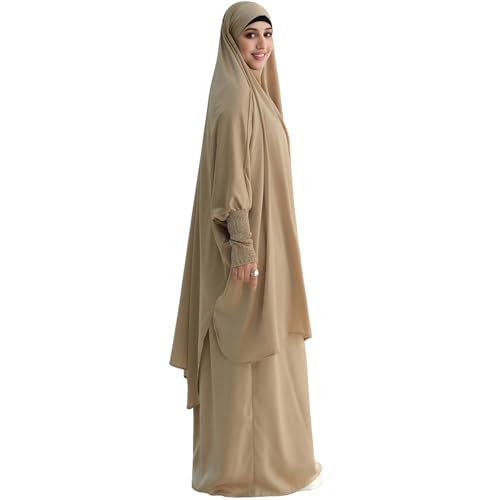 Muslim Women Abaya Two Pieces Set Prayer Dress Elasticated Sleeves Islamic Robe Modest Full Cover Prayer Clothes - color: Apricot