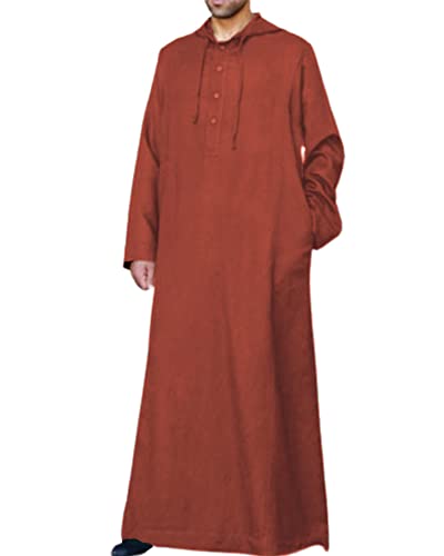Jacansi Men's 65% Cotton 35% Linen Hooded Kaftan, Long Sleeve Button Down Thobe, Loose Casual Gown with Pockets - color: Brick Red, size: Medium