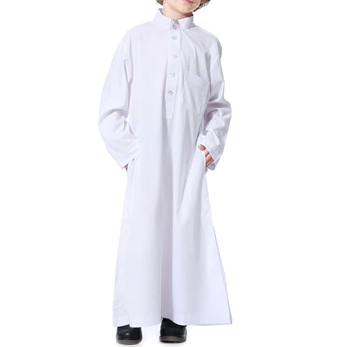 Arabic Thobe For Muslim Boys Robes Long Sleeve Kaftan With Pockets Solid Color Middle East Abayas Dubai Clothing 3-14T - color: White, size: 11-12 Years