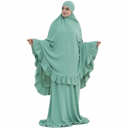 2PCS Women Muslim Prayer Abaya Dress Ruffle Trim Side Pockets with Khimar - color: Light Green, size: Large