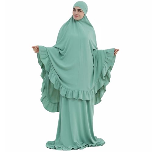 2PCS Women Muslim Prayer Abaya Dress Ruffle Trim Side Pockets with Khimar - color: Light Green, size: Large