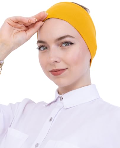 Prien Women Cotton Hijab Cap, Stretchy Head Cover, Pre-Sewn Inner Muslim Scarf Undercap, Non Slip Headband for Daily Wear - color: Deep Yellow