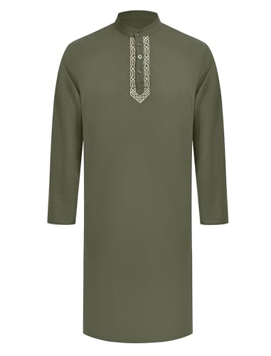 IWEMEK Men Kaftan Robe Button Up Muslim Thobe Long Sleeve Eid Ramadan Abaya Henley Shirts Casual Dubai Islamic Prayer Clothes - color: Green, size: X-Large