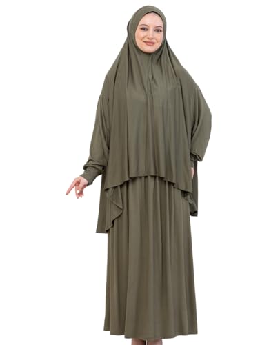 Prien Soft Prayer Dress For Women, Muslim Abaya Hijab Set, Long Turkish Cotton Praying Outfit, Islamic Clothes For Ramadan - color: Khaki