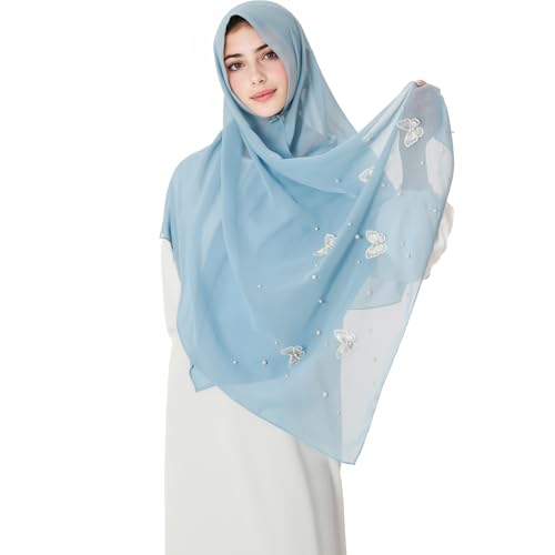 Muslim Prayer Hijab for Women Lightweight Pearl Chiffon Scarfs 3-D Butterfly Embroidery with Glitters Beads Islamic Hijab - color: Light Blue
