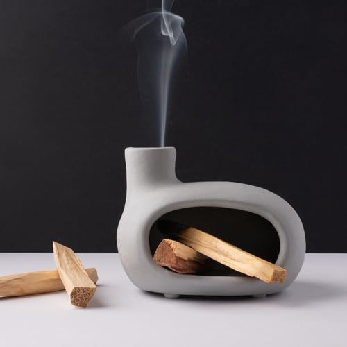 MOUGIGI Terracotta Palo Santo Holder - Modern Incense Burner, Cone Burner, Tabletop Fireplace - Purify and Energize Your Home with Fragrant Palo Santo Wood, Sage - Perfect for Meditation and Yoga - color: Matte Clay - Brown Gray