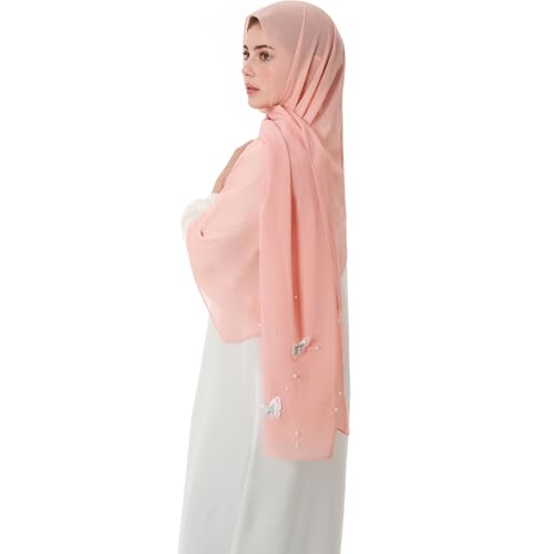 Muslim Prayer Hijab for Women Lightweight Pearl Chiffon Scarfs 3-D Butterfly Embroidery with Glitters Beads Islamic Hijab - color: Pink
