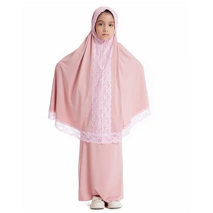 Girls Abaya Muslim Prayer Dress 2 Piece Maxi Sleeve Full Cover Lace Hijab Kaftan Tops Long Skirt Kids Soft Elastic - color: Pink, size: 3-4T
