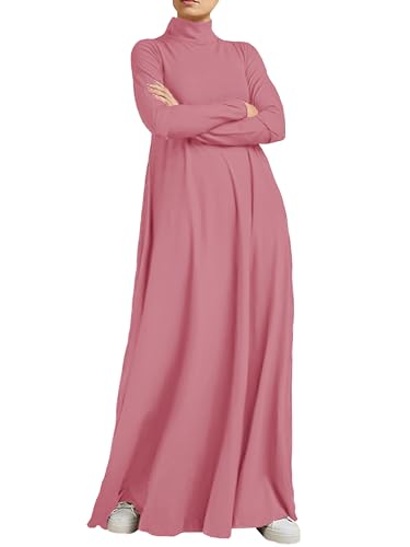 WSPLYSPJY Women High Neck Abaya Muslim Dress Solid Color Prayer Robe - color: Pink, size: X-Large