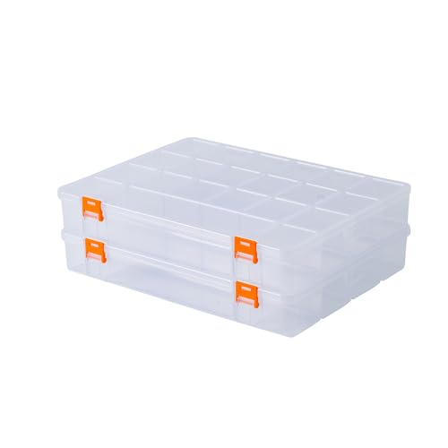 2 Pack Fixed 21 Grids Large Clear Plastic Storage Box, Transparent Organizer Container Case for Small Parts, Bead, Button, Jewelry, Diamond, Craft Supplies,Sewing Kit, DIY Accessories - size: L
