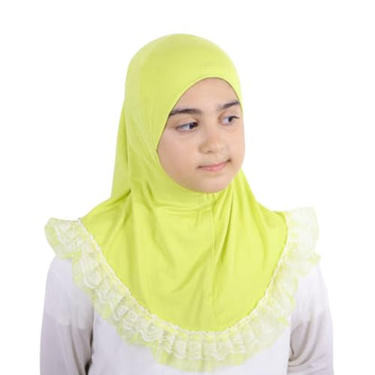 MuLanLegend Cotton Lace Hijab | Princess Nur | Girls Kids Instant Slip-on Scarf Sarong | Ligthweight and Comfortable - color: Canary Yellow
