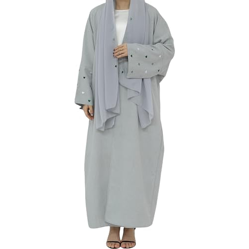 Abayas for Women Muslim with Hijab, Islamic Eid Prayer Dresses for Women, Open Abaya Dress for Girls - color: Gray Green Heart, size: Small