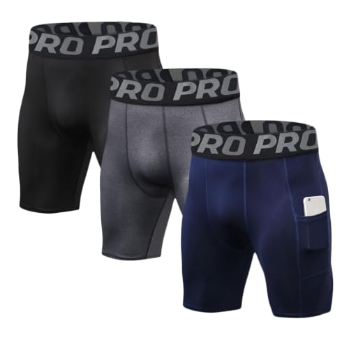 LANBAOSI Mens Compression Shorts with Phone Pocket Running Gym Yoga Athletic Tights Baselayer Summer Cool Dry Underwear Pack - color: Black+grey+navy, size: Large
