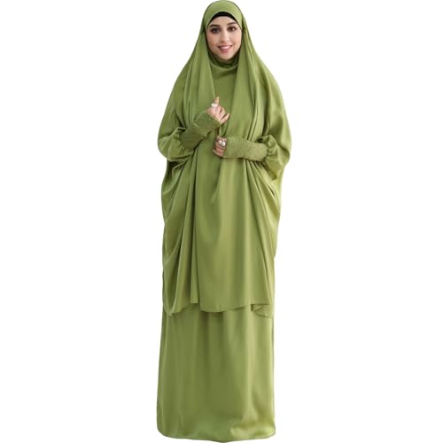 Muslim Women Abaya Two Pieces Set Prayer Dress Elasticated Sleeves Islamic Robe Modest Full Cover Prayer Clothes - color: Olive Green