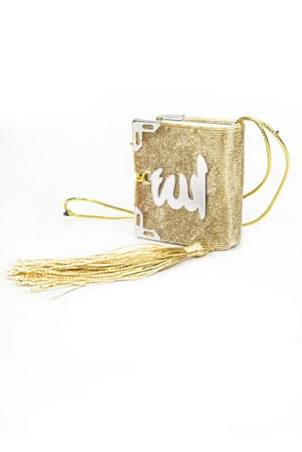 ihvan online Mini Velvet Quran Set with Islamic Finger Counter, Portable Digital Tasbeeh, Muslim Prayer Beads, Pearl Zikirmatic Beads, 3 Pieces Gift Set for Mevlüt (Gold) - color: Gold