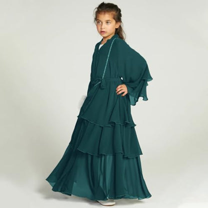 Chiffon layered Open Abaya Dubai Kaftan Muslim Cardigan Abayas Dresses For Girls Casual Robe Kimono Islam Clothing - color: Dark Green, size: 13-14 Years