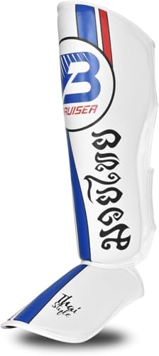 Shin Guards with Instep, Blue & White, Unisex Adult, for Kickboxing, Muay Thai, MMA, Sparring, Taekwondo Training - size: Large