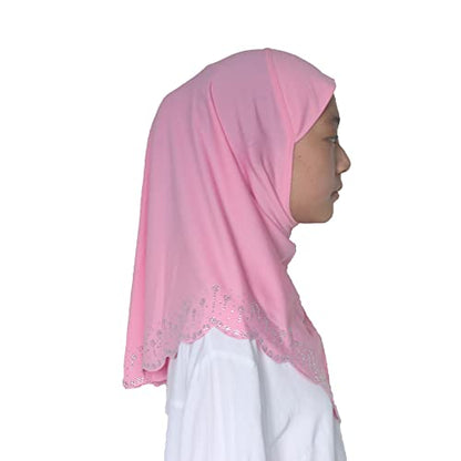 Girls Hijab with Rhinestones – Sparkly Non-Slip Amira Scarf for Kids, for Daily Prayer, School, Ramadan & Eid (Ages 4-12) - color: Pink-wavy Edge