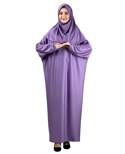 Women Prayer Clothes with Hijab Muslim Outfits Long Robe Abaya Turkish Islamic Dresses Dubai Kaftan with Rosary - color: Lilac